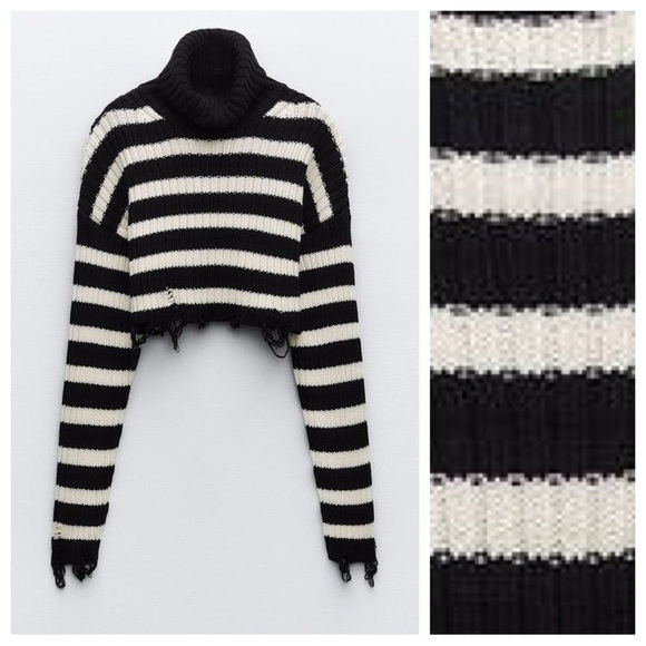 NWOT. Zara Black/White Striped Cropped Turtleneck Sweater. Size XS. - Picture 5 of 11